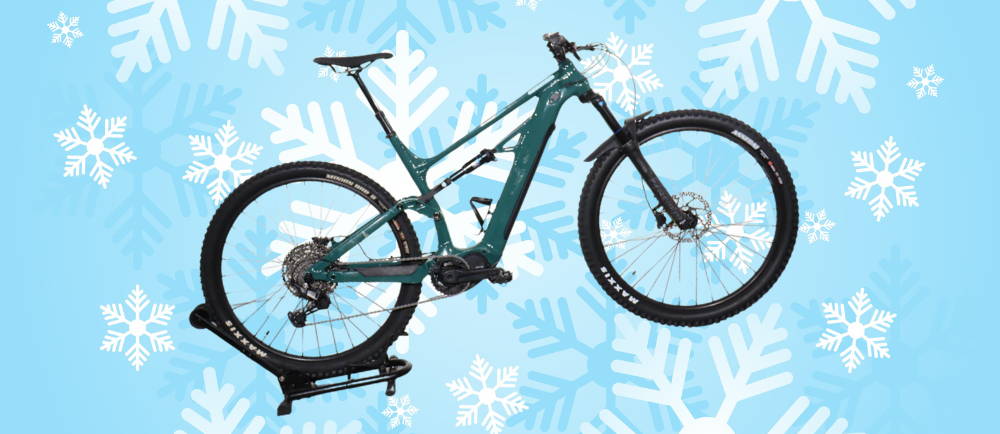 Cannondale Moterra Neo electric mountain bike on snowflake background