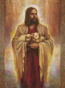 Jesus wearing a red robe and holding two lambs in His arms.