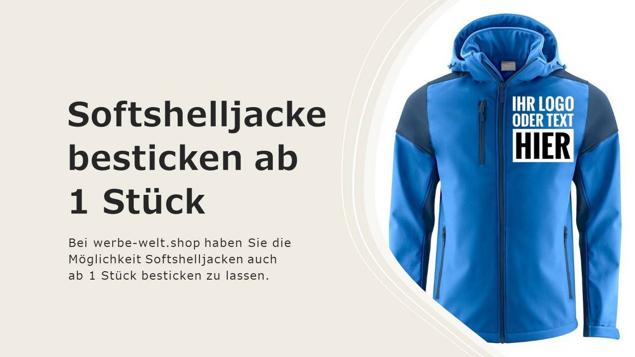 Bei wirbe-welt.shop haben Sie die Möglichkeit Softshelljacken auch ab 1 Stück besticken zu lassen.