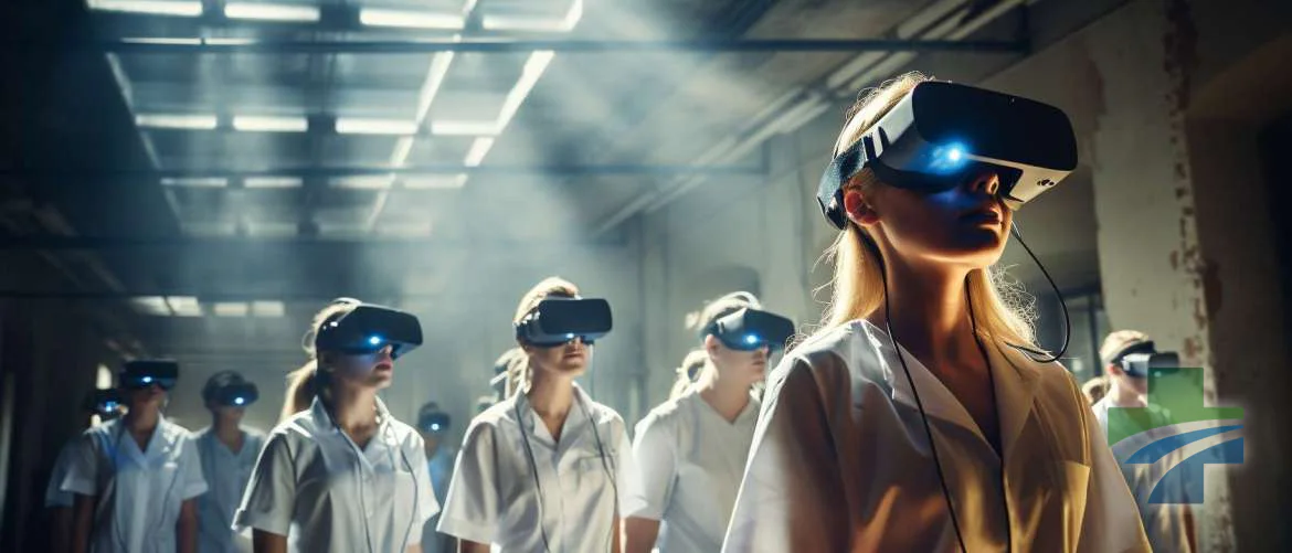 Nursing students in a classroom using VR headsets for simulation.