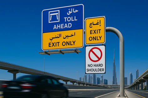 Highway signs for Toll Ahead and Exit Only with a blurred car in motion on a road. Dubai skyline including Burj Khalifa visible.