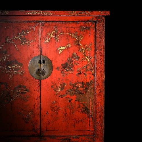 Antique Chinese red lacquer wedding cabinet with gold bird design