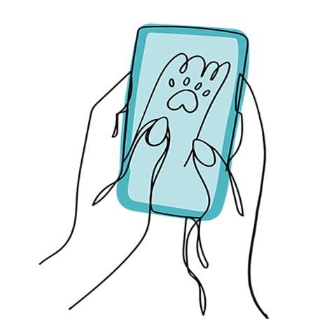 Line drawing of hands holding mobile phone with paw print