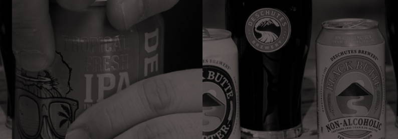 black and white, cans and pint glasses of Deschutes brewery beer