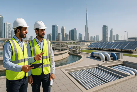 Two engineers in hard hats and vests inspect a water treatment plant with solar panels, overlooking the Dubai city skyline and Burj Khalifa.