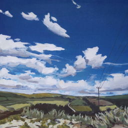 painting of green sand dunes and fields