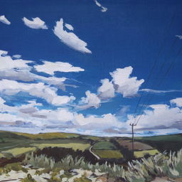 painting of green sand dunes and fields