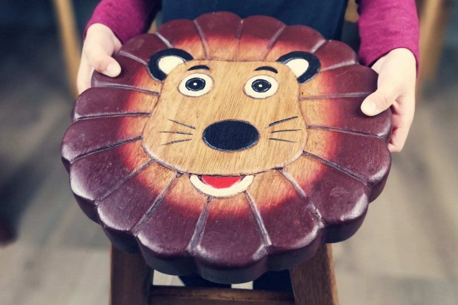 Kids Chair Wooden Stool Animal Lion Theme Children’s Chair and Toddlers Stepping Stool - Image 4