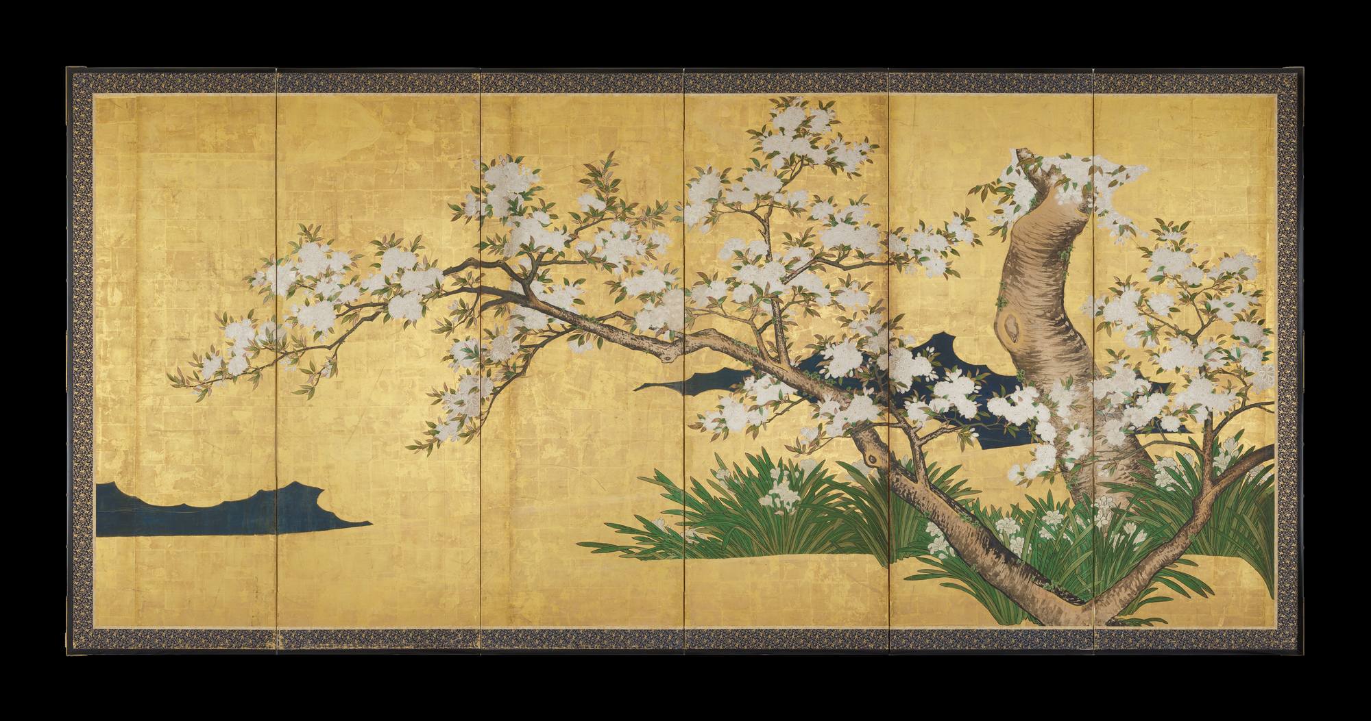 Image Credit: Cherry Trees with Narcissus, Violets, and Dandelions. Japanese, Edo Period, ca. 1600-1868. Color, Ink, and gold on paper. 63 3/4 × 140 15/16 in. (161.9 × 358 cm). Purchased with the Lillie and Roy Cullen Endowment Fund, 2020.13.a