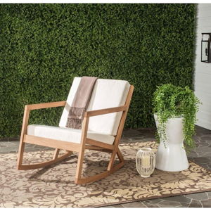 SAFAVIEH Vernon Teak Brown Wood Outdoor Rocking Chair with Beige Cushions