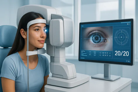 Young woman getting her eyes tested by an autorefractor machine at an optometrist clinic, screen shows 20/20 vision.
