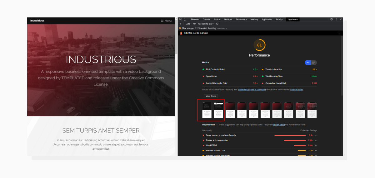 Now the page has initial styles set up. a screenshot demonstrating improvements in page loading screenshot timeline
