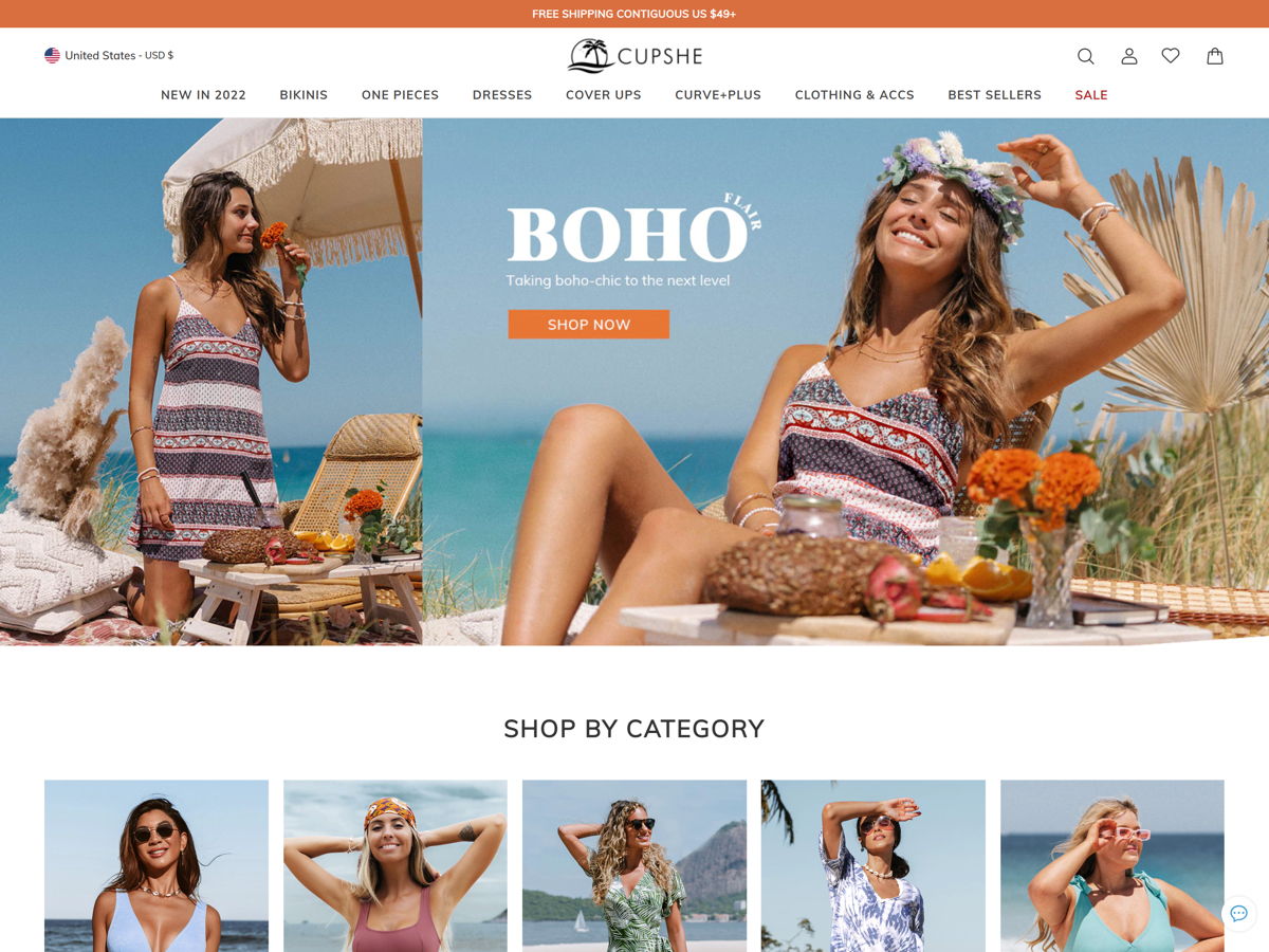 Screenshot of Cupshe, from the ecommerce websites collection.