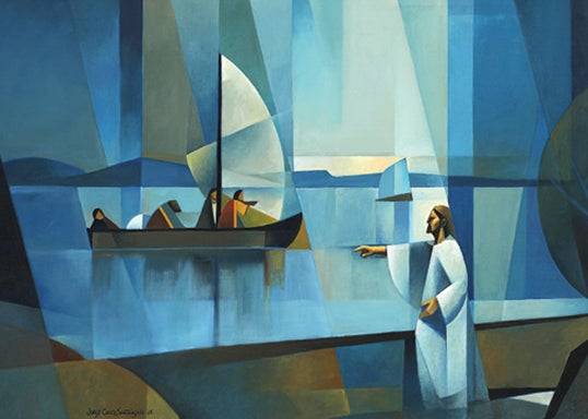 Geometric painting of esus calling out fo the disciples on the boat.