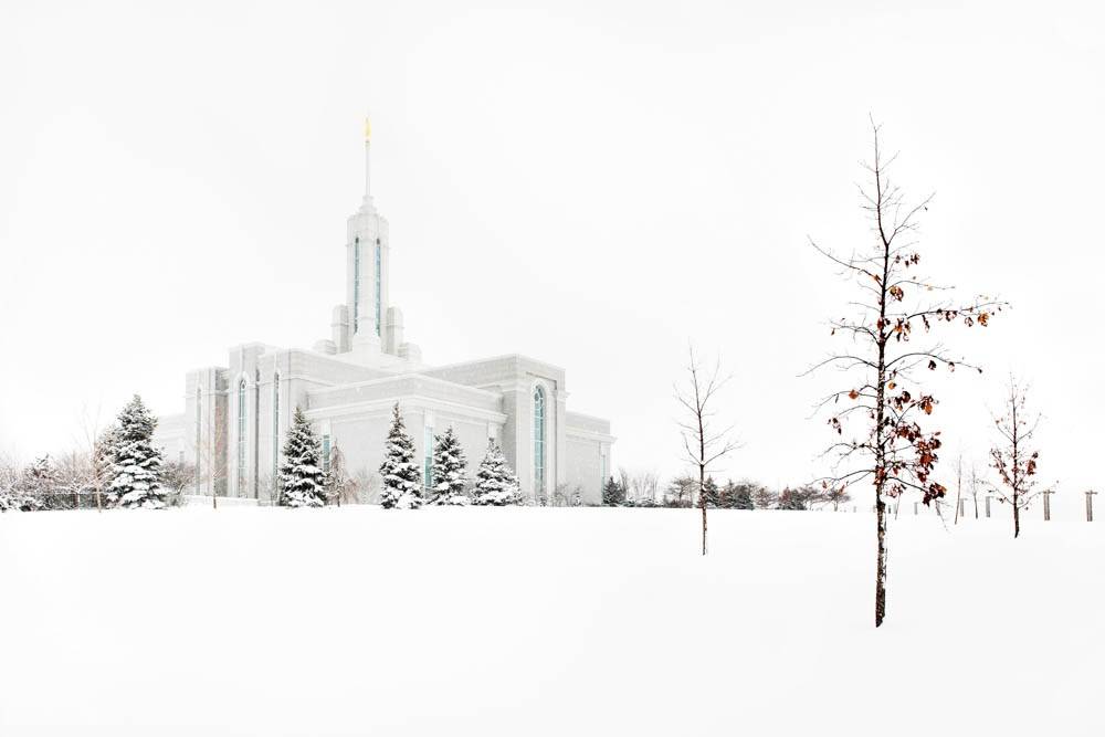 Distant photo of the Mount Timpanogos Temple and snowy grounds.