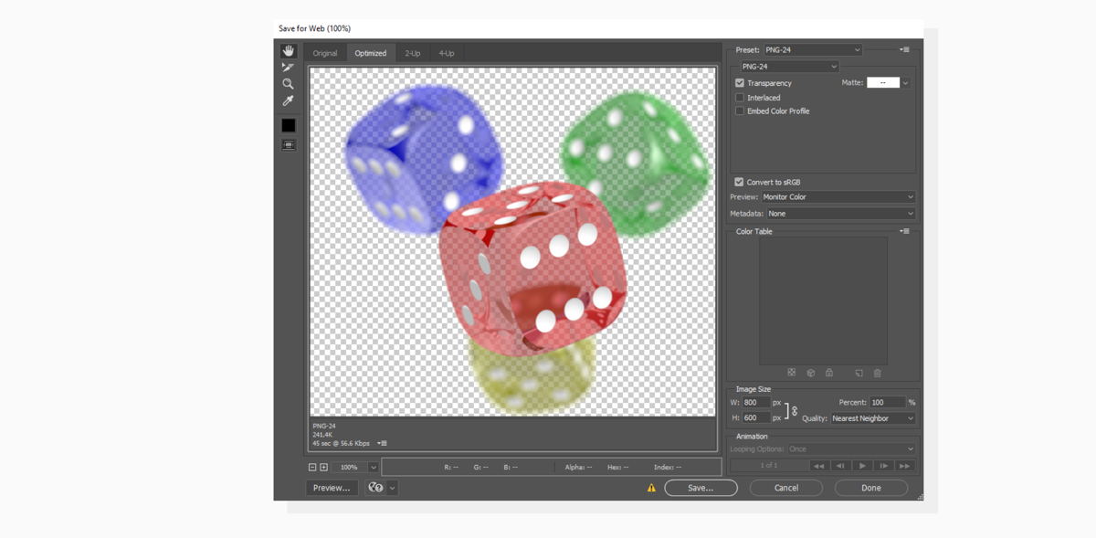Here’s what saving to PNG looks like in Photoshop. “Save for Web” window in Adobe Photoshop