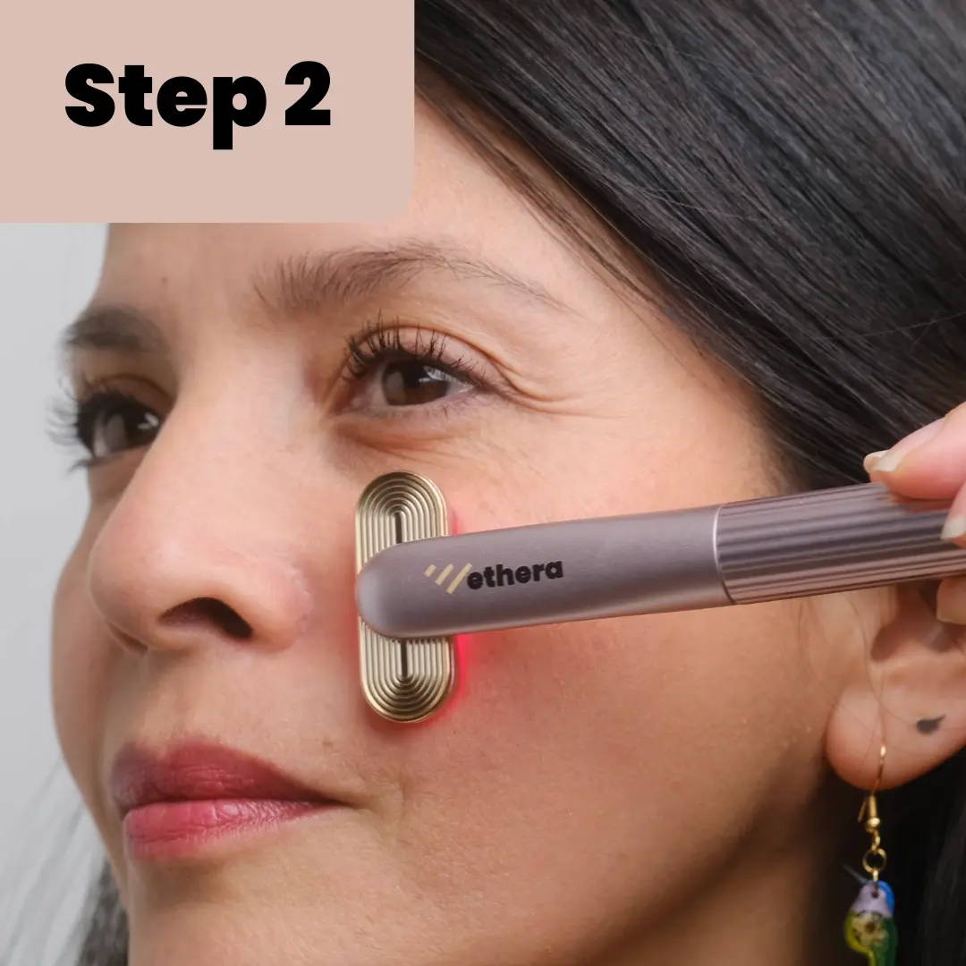 How to use The RayJuvenate Wand step 2 -  While skin is still moist, glide the RayJuvenate Wand across your skin in upward, outward movements. Use for 3 minutes per area of the skin.