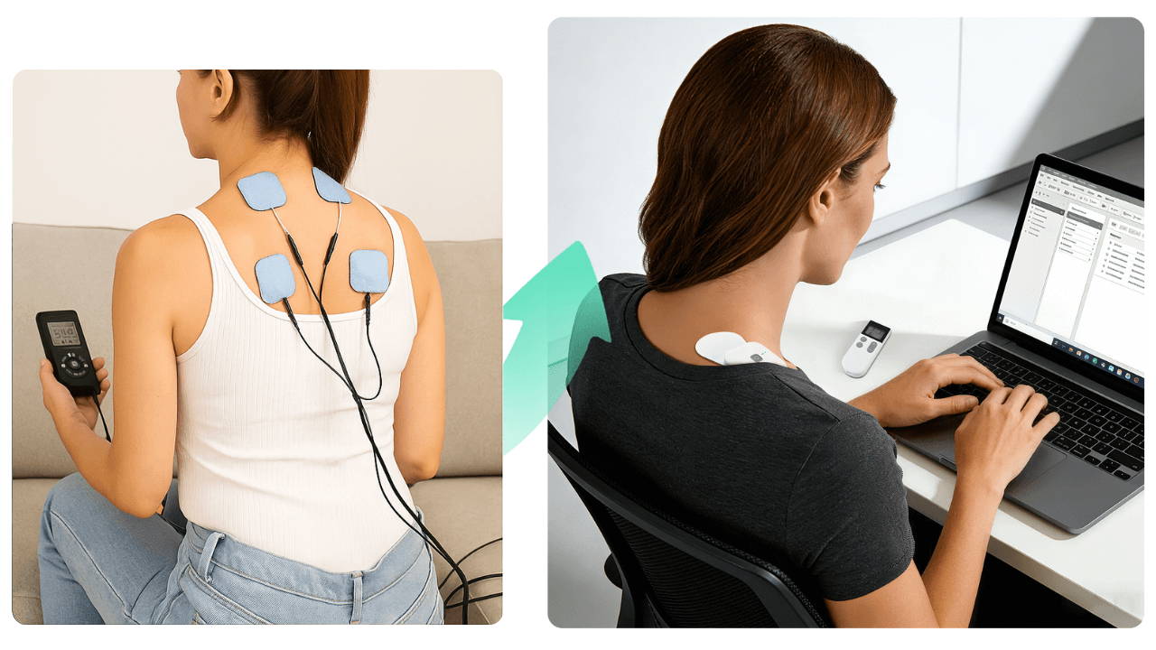 Comparison showing wired TENS unit with cables versus the Wellue cable-free TENS therapy device without cords