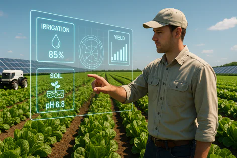 Farmer in field interacts with holographic display showing irrigation, soil pH, and yield data. Background shows solar panels and autonomous farming vehicle, depicting smart agriculture.