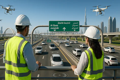 Two construction workers in hard hats and safety vests observe autonomous vehicles and drones on a futuristic highway in a smart city like Dubai.