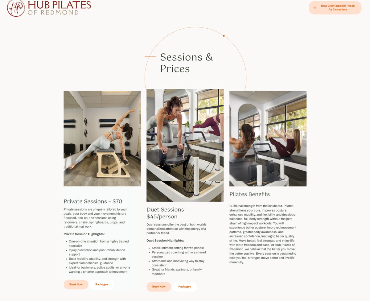 Screenshot of Hub Pilates of Redmond, from the pilates websites collection.