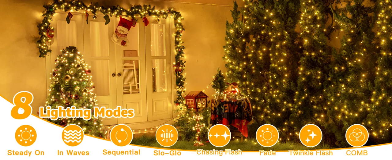 Features of Ollny's 800 leds clear cable cool white string lights - desktop size