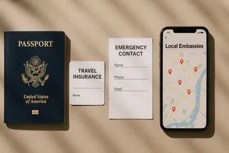 US passport, travel insurance card, emergency contact form, and phone with map of local embassies for international travel.