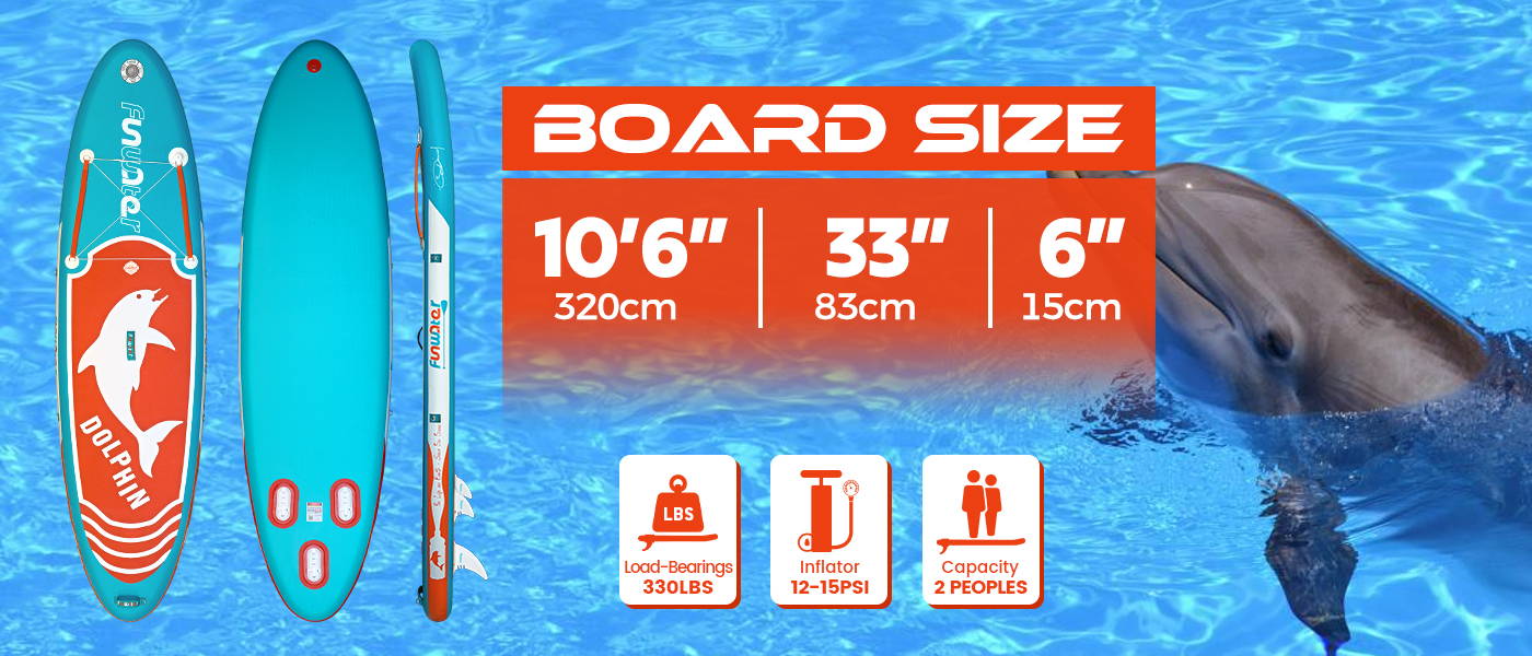 Inflatable paddle board size is 10' 6" length, 33" width, load-bearings is 330LBS, inflator 12-15 PSI, capacity is 2 peoples
