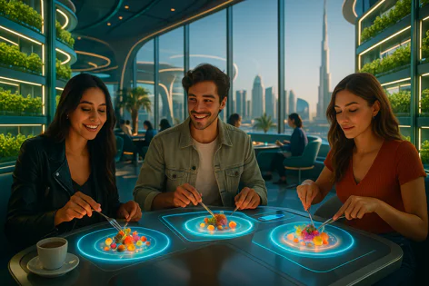 Three people dine at a futuristic restaurant table with glowing plates, enjoying colorful food and city skyline views of Dubai including Burj Khalifa.