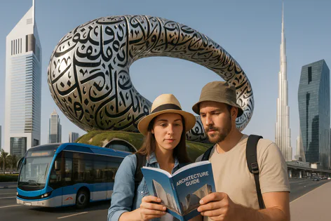 Tourists consult an architecture guide book near the iconic Museum of the Future and towering Burj Khalifa in Dubai city.