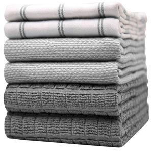Premium Kitchen Towels (20”x 28”, 6 Pack) – Large Cotton Kitchen Hand Towels – Flat & Terry Towel – Highly Absorbent Tea Towels Set with Hanging Loop (Grey Check)