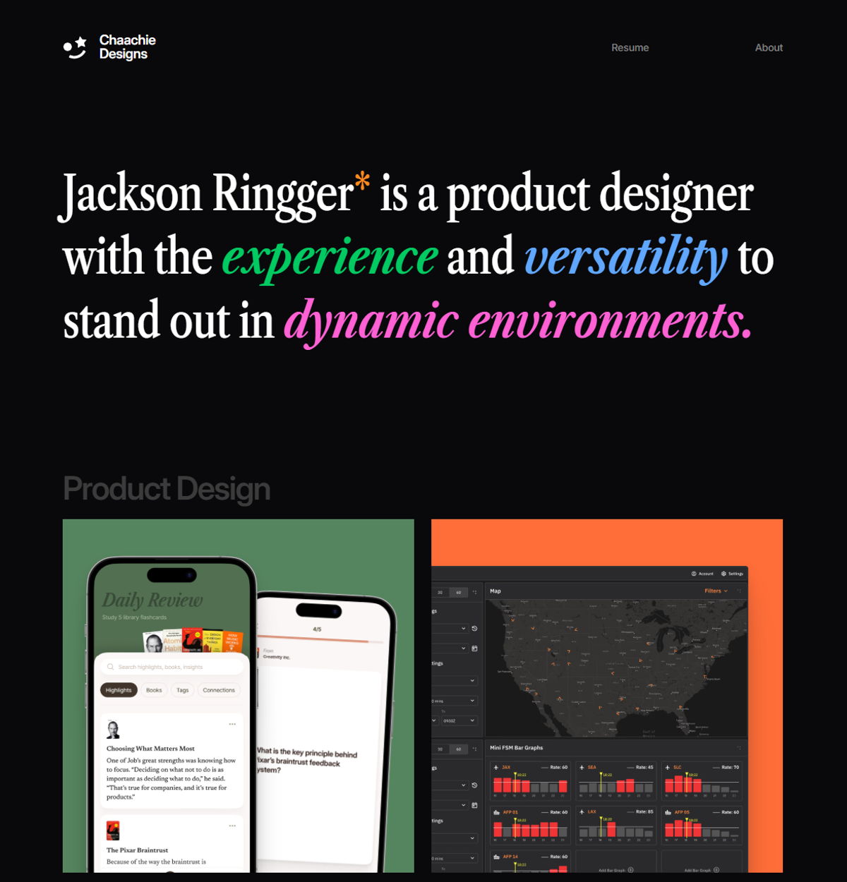 Screenshot of Chaachie Designs, from the product designer portfolios collection.