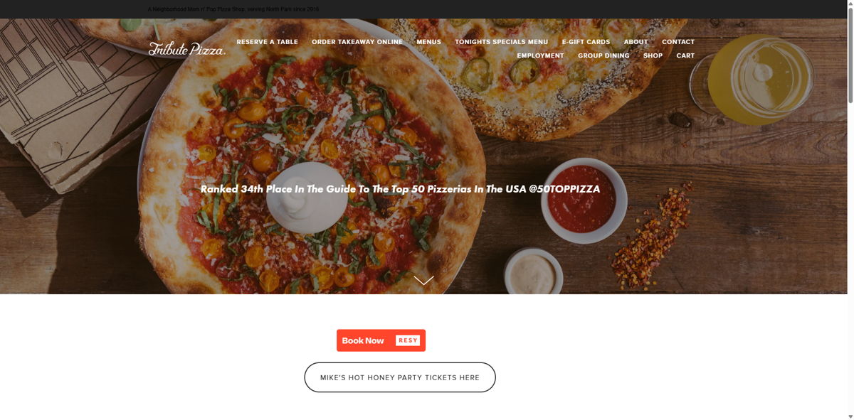 Screenshot of Tribute Pizza, from the pizza place websites collection.