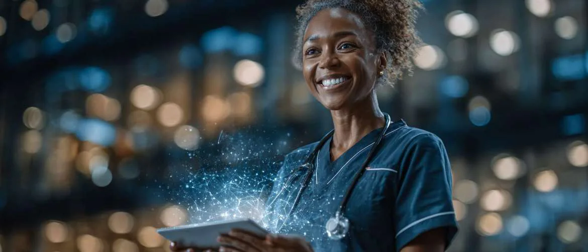 Clinicians and recruiter coordinating strike healthcare assignments in a futuristic hospital.