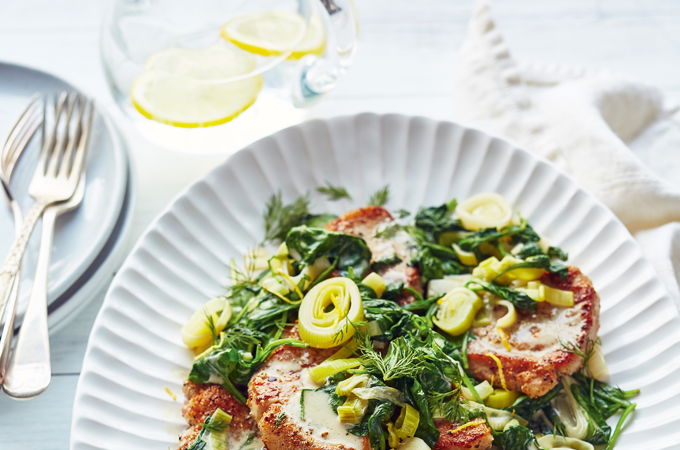 Pork Medallions with Wilted Leeks and Spinach