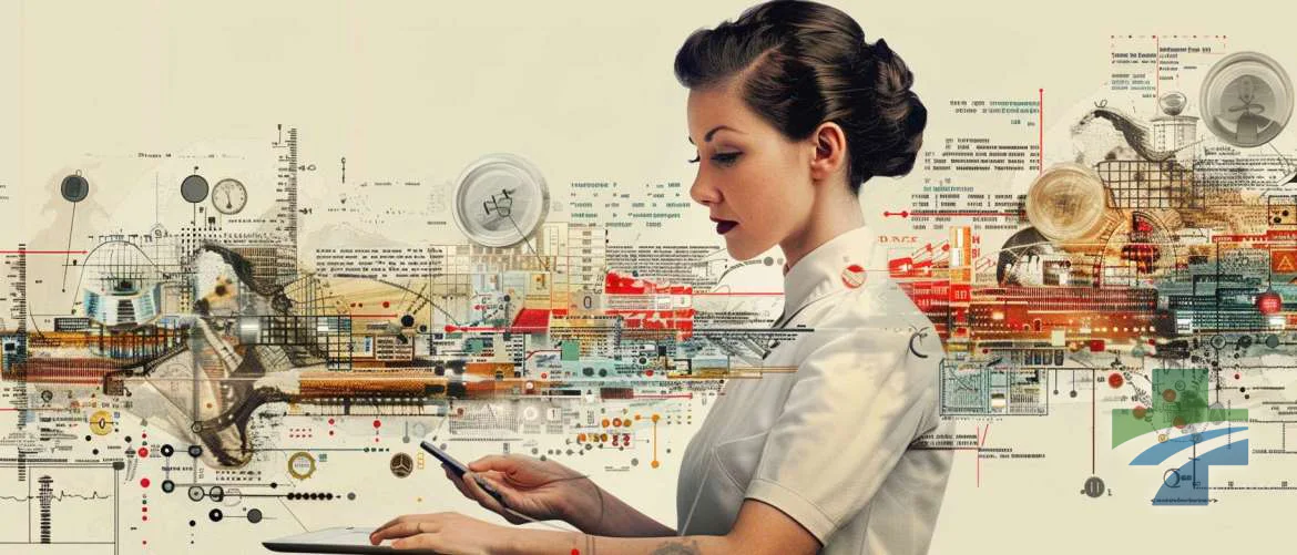 Illustration of a nurse in vintage uniform using modern medical technology