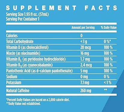 Supplement Facts label for a beverage, detailing nutrition values, vitamins, minerals, and caffeine content.