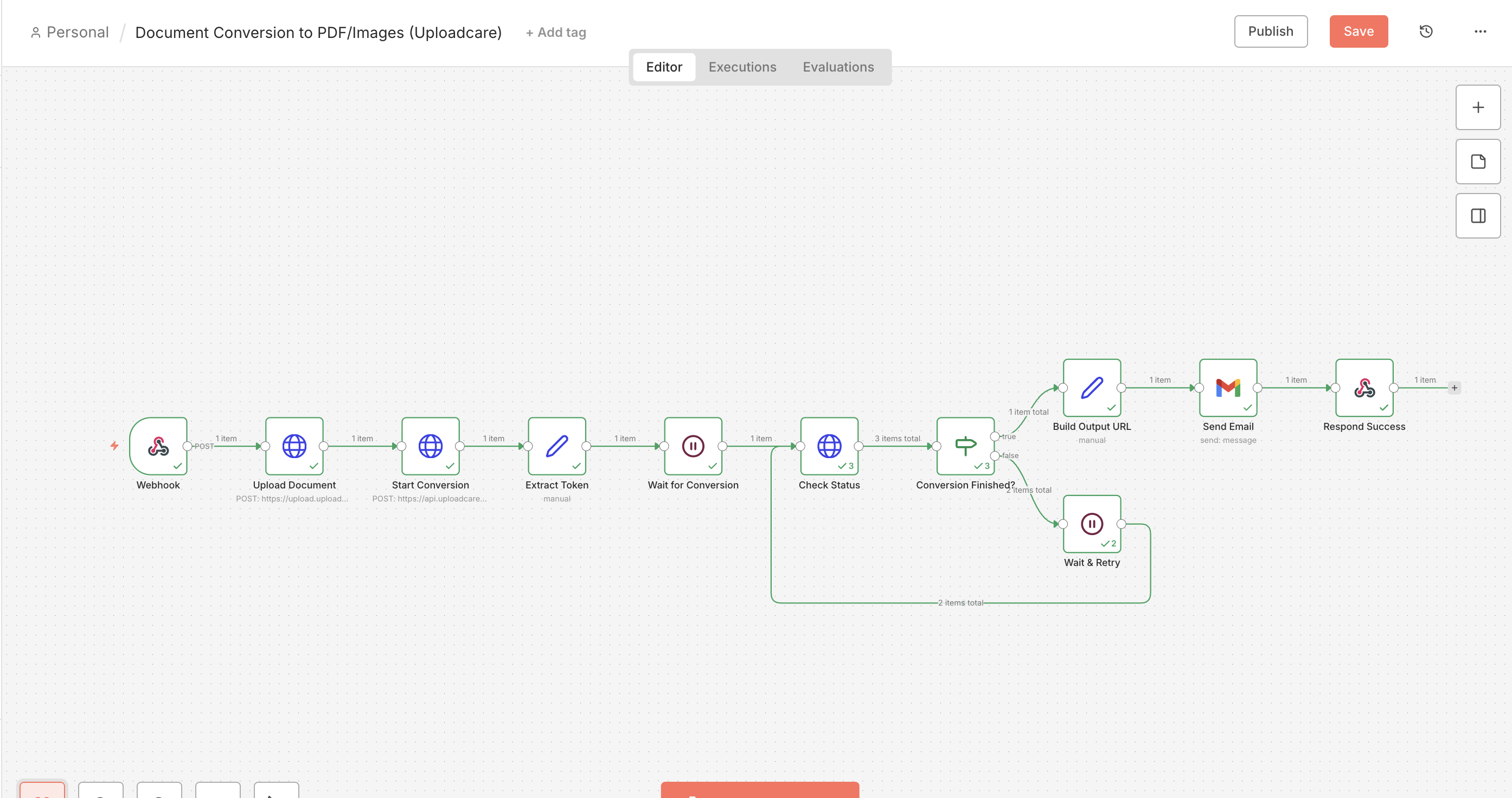 Diagram of the n8n workflow for document conversion with Uploadcare