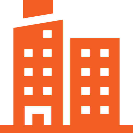 Simple orange icon of two tall buildings with rectangular windows, one building is taller and has a slanted roof; both are depicted side by side on a black background.