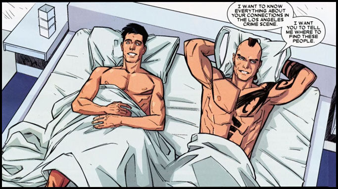 Daken lying on his back with his arms behind a pillow talking to another guy who is in bed next to him about needing info on criminals. Both are only covered with a sheet.