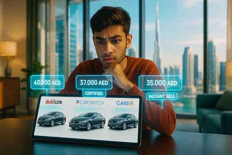Young man compares car selling offers from Dubizzle, CarSwitch, and Cars24 on a tablet, showing prices like 40,000 AED against a Dubai skyline. He looks thoughtful while comparing quotes.