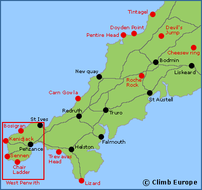 Map of the main rock climbing areas in Cornwall