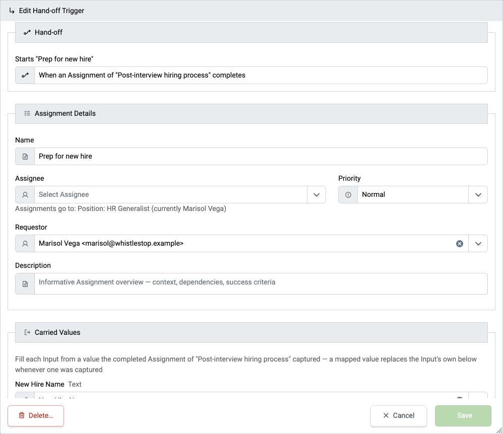 Hand-off Trigger dialog starting a Procedure when an Assignment of the preceding Procedure completes