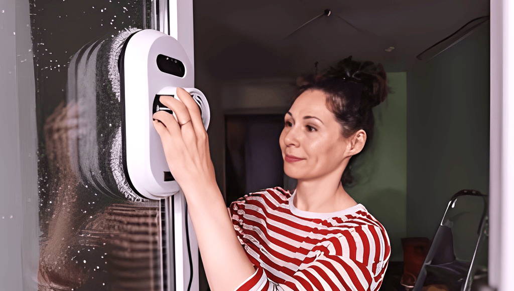 Robot lave vitre nettoyeur automatique sur une vitre