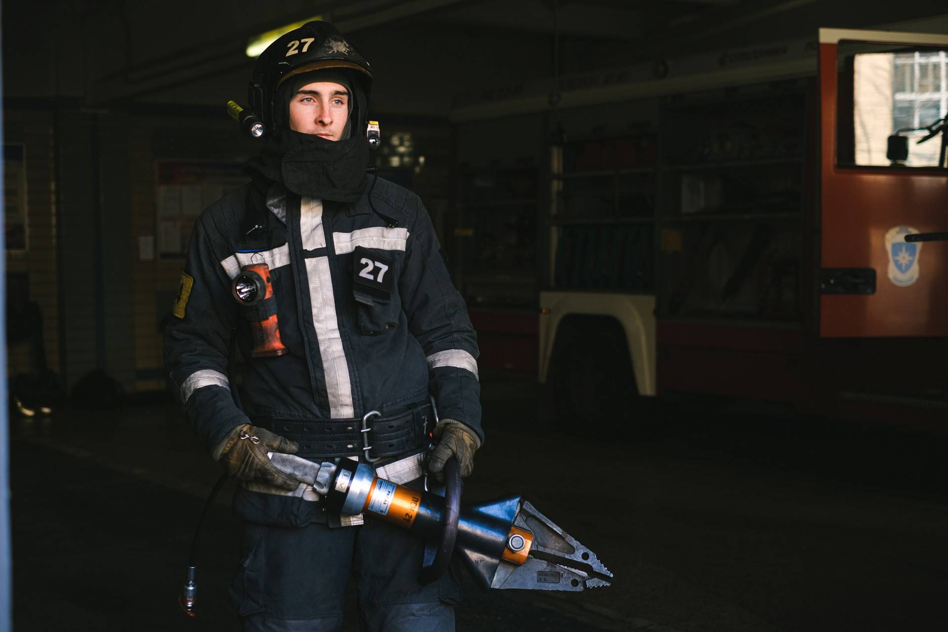 Firefighter with job equipment
