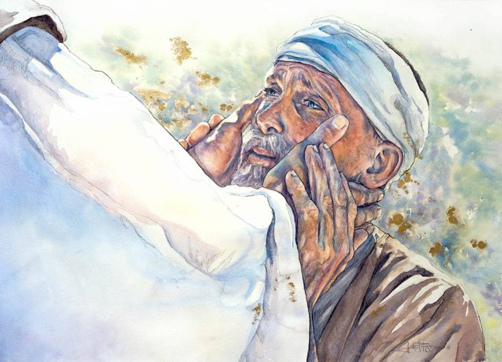 Painting of Jesus healing a blindman.