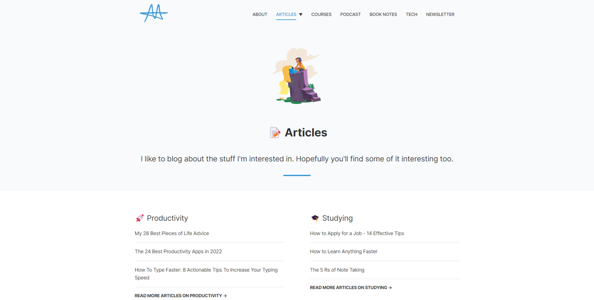 Screenshot of Ali Abdaal, from the blog design examples collection.