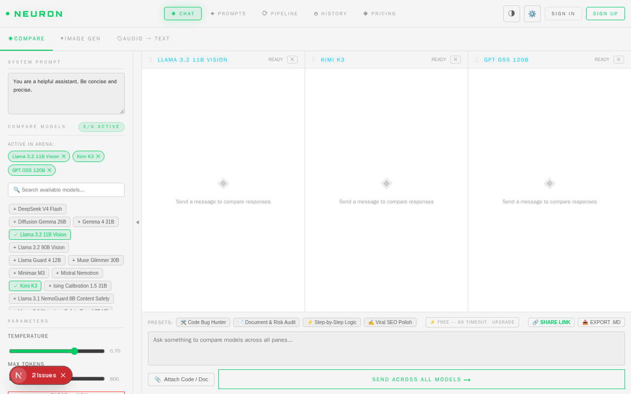 Neuron LLM chat workspace with real-time token streaming