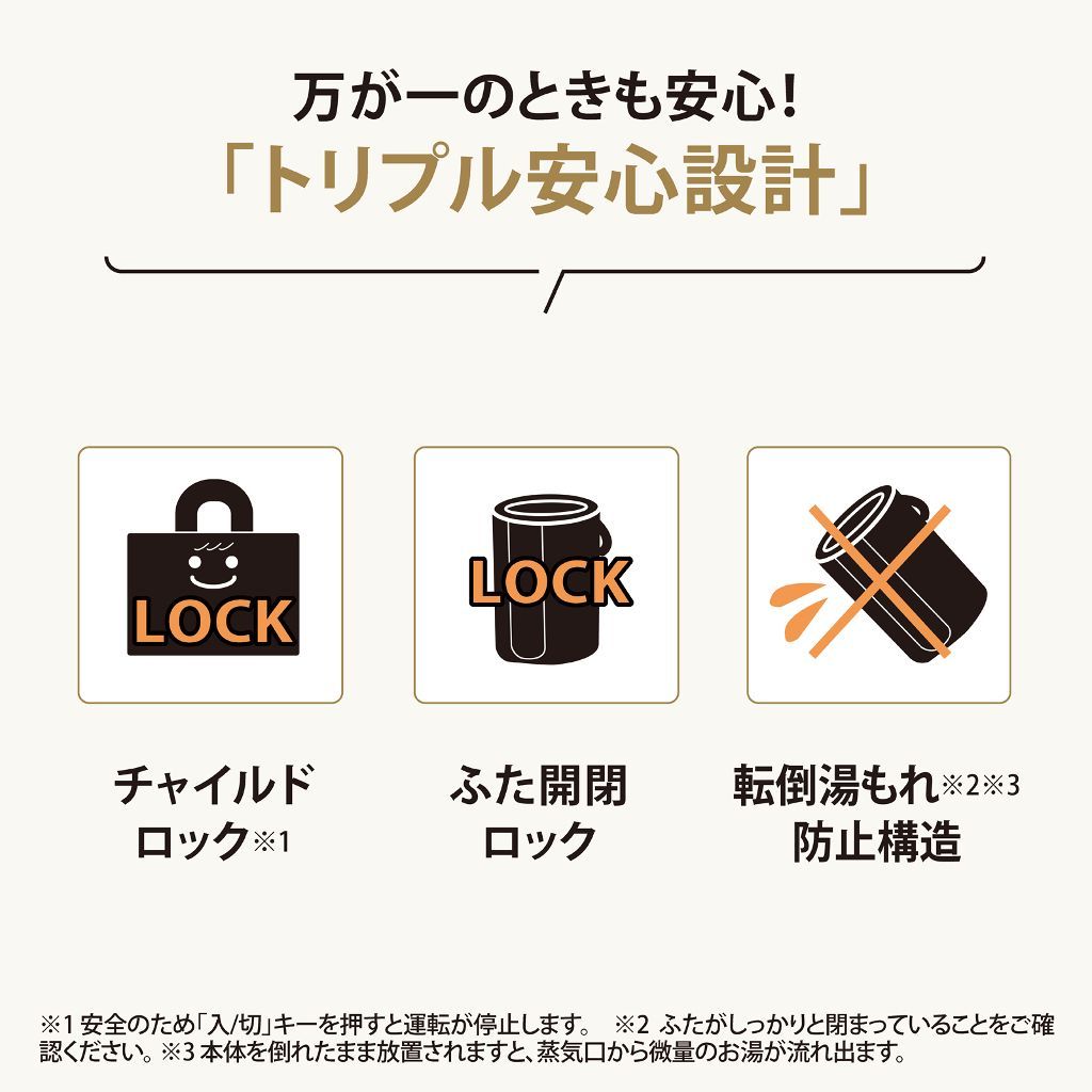 トリプル安心設計「チャイルドロック」「ふた開閉ロック」「転倒湯もれ防止構造」