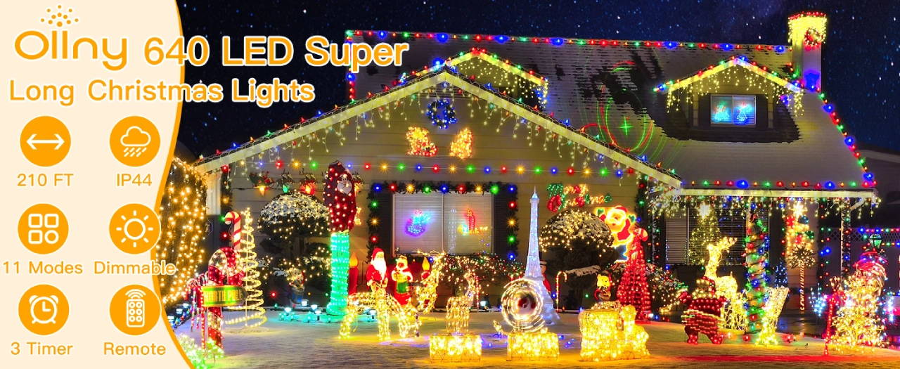 Features of Ollny's 640 leds clear cable warm white/multi-color string lights